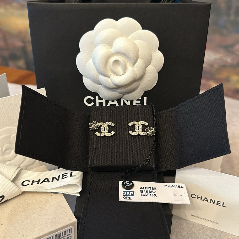 Authentic Chanel CC Earrings with Camelia
